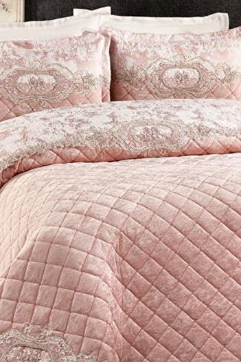 Çeyiz Diyarı Boutique French Laced Velvet Dowry Bedspread Powder