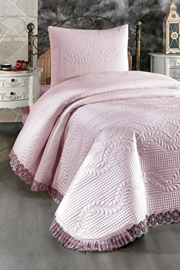 Çeyiz Diyarı Limena Lace Quilted Single Bedspread Powder