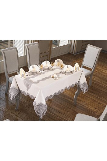 Çeyiz Diyarı Verna Masa Örtüsü 160x260 Cm 26 Parça Krem Silver