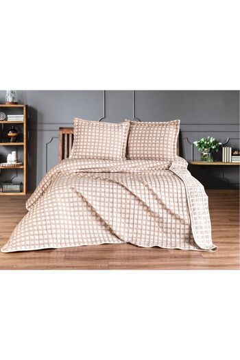 Çeyiz Diyarı Double Plaid Reversible Bedspread Set Beige
