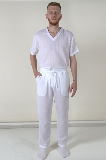ARİNNASİDE Muslin Men's Lace-Up Long Summer and Casual White Trousers