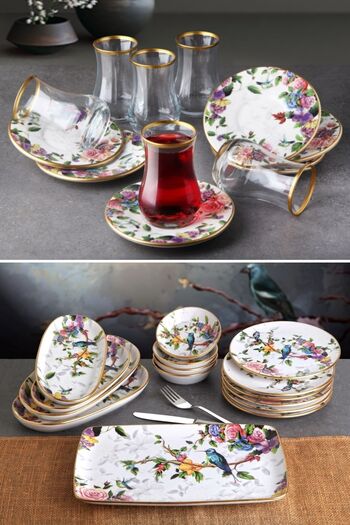 Pinkev Flora 27 Pieces Ceramic Breakfast Cake Plate Presentation Set for 6 People - Kup115F