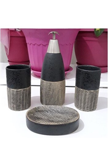 Pinkev 4 Piece Ceramic Liquid Soap Dispenser Bathroom Set - Anthracite