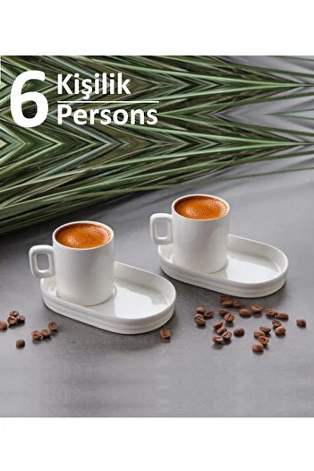 Pinkev Plain Porcelain Turkish Coffee Coffee Cup Set with Oval Presentation for 6 People