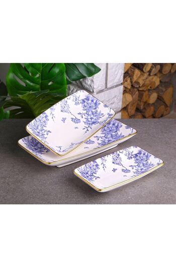 Pinkev Blue Floral 3-Piece Ceramic Boat Serving Presentation Plate Set