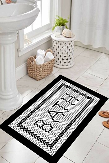 Else Halı Black and White Bathroom Washable Patterned Digital Printed Non-Slip Base Single Bathroom Rug Mat