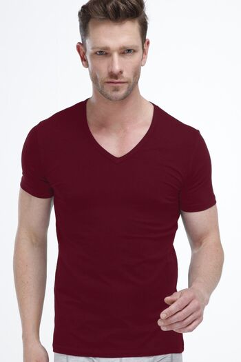 Malabadi Men's Burgundy V Neck Short Sleeve Modal T-Shirt Body 032
