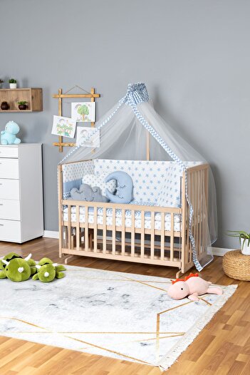 Bamgidoo Ahşap Beşik Anne Yanı Beşik Organik 70x130 - Mavi Yıldız 3 Yastıklı Uyku Seti + Yataklı