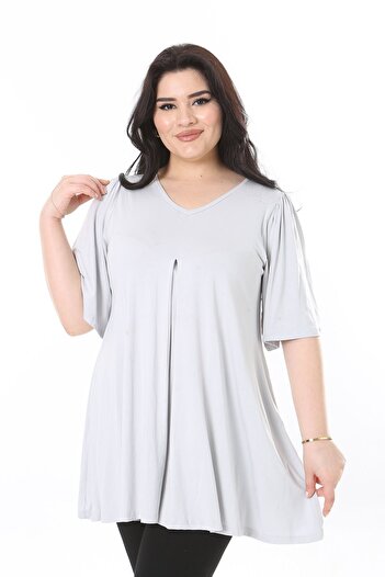 Şans Gray V-neck Long Blouse - Plus Size, A Pleated Front Design, 65N38114