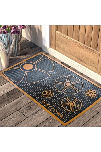 Myfloor Welcome Written Flower Patterned Rubber Door Mat