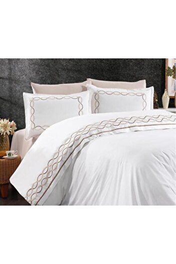 Çeyiz Diyarı Başak Embroidered 100% Cotton Double Duvet Cover Set Mink
