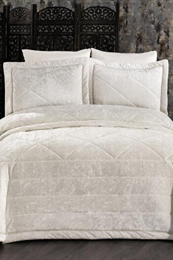 Çeyiz Diyarı Elina Velvet Double Bedspread Cream