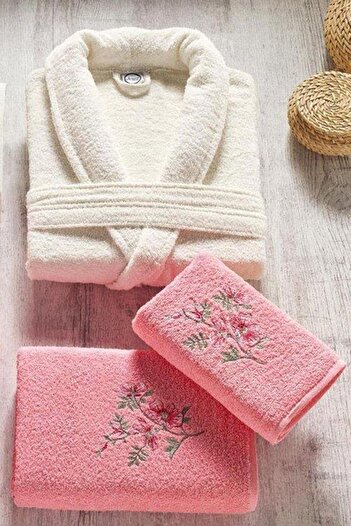 Çeyiz Diyarı Ardora Curl Family Bathrobe Set Pomegranate Flower Cream