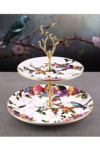 Pinkev Flora Ceramic Double Layer Cookie Holder Cake Presentation Plate Stand