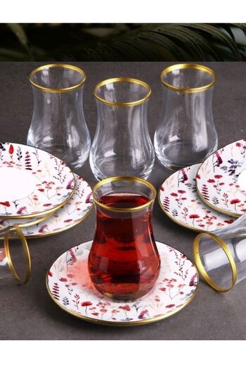 Pinkev 6-Person Tea Cup Set with Ceramic Plate - Multicolored
