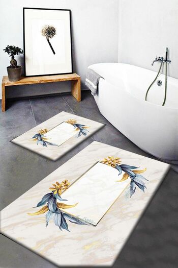 Else Halı Blue Yellow Floral Patterned Washable Non-Slip Base 2-Piece Bathroom Rug Mop Toilet Bowl Set
