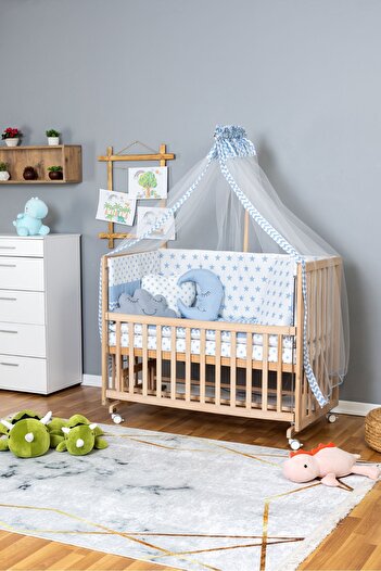 Bamgidoo Ahşap Beşik Anne Yanı Beşik Organik 70x130 - Mavi Yıldız 3 Yastıklı Uyku Seti + Yataklı + Tekerlekli