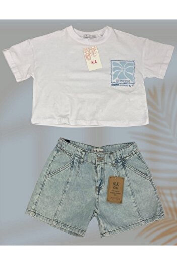 nk kids Floral Girl's Double Suit (Oversize Crop T-Shirt - Jeans Shorts)