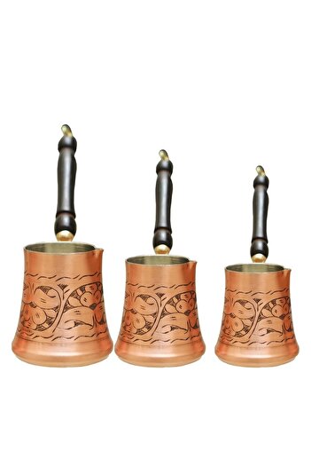 ANTEPSEPETİ EMBROIDERED 3-PIECE COPPER COFFEE POT SET