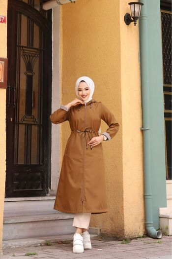 Vibeys Moda Tan Lined and Hooded Waterproof Large Size Women's Trench Coat