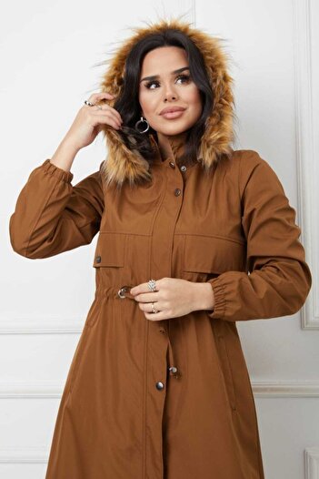 Vibeys Collection Tan Furry And Waterproof Γυναικείο Χειμερινό Παλτό & Παλτό
