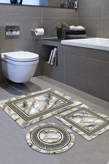 ALAADDİN CARPET Non-Slip Base Stain Resistant Washable 3-Piece (60x100) 2 (50x60) Bathroom Carpet Bath Mat Toilet Seat Set