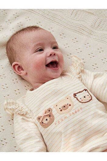 Next Baby Pamuklu Krem Ayı Desenli Uzun Kollu Alt Üst Takım