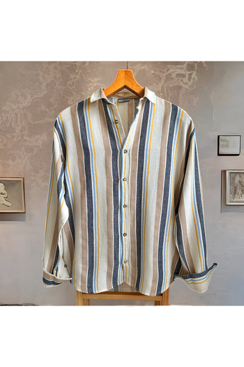 Hazhers Ανδρικό πουκάμισο Oversize γιακά 100% λινό μακρυμάνικο πουκάμισο