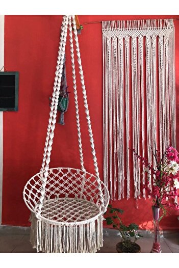 AslanButik Makrome Özel Örgü Burgu Halatlı Salıncak Hamak