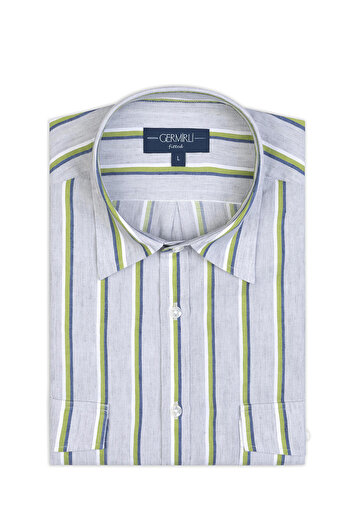 Germirli Soft Yaka Çift Kapak Cepli Tailor Fit Gri Yeşil Laci Çizgili Pamuk Keten Gömlek