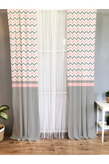 Evmila Printed Zigzag Patterned Single Wing Velvet Texture Background Curtain - Gray and Pink