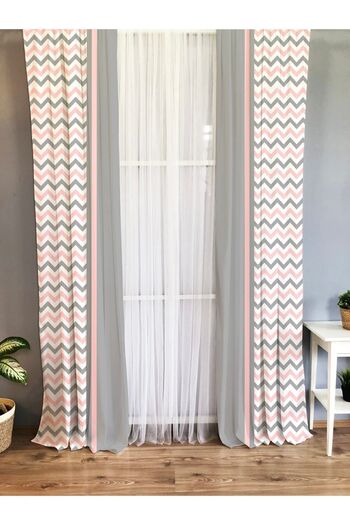 Evmila Printed Zigzag Patterned Single Wing Velvet Texture Background Curtain - Gray and Pink