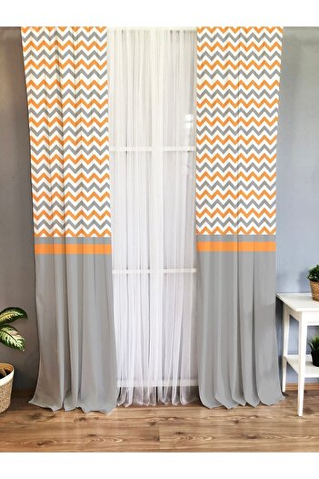 Evmila Printed Zigzag Patterned Single Wing Velvet Texture Background Curtain - Orange And Gray