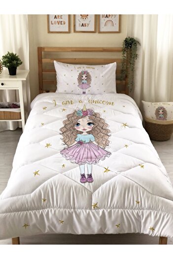 Evmila Princess Girl Patterned Quilted Quilt, Single Sleeping Set