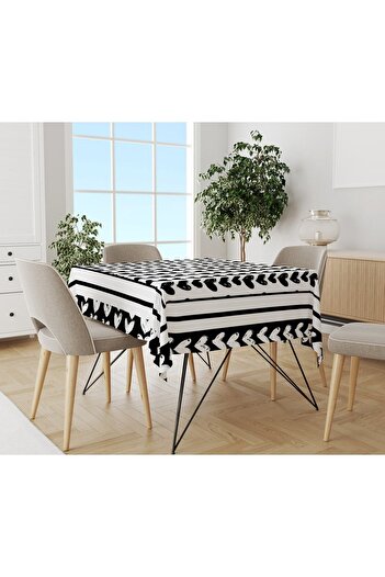 Evmila Black Heart Patterned Tablecloth White