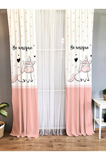 Evmila Pink Single Winged Unicorn Printed Velvet Texture Curtain
