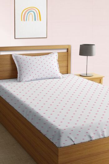 Evmila Pink Dot Pattern Printed Single 100x200 Cm Elastic Sheet Set White