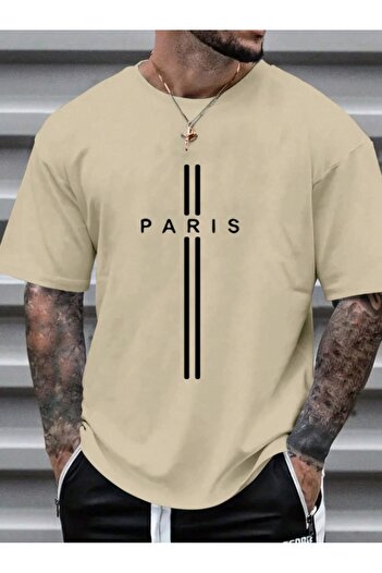 AFROGİYİM Men's Double Line Paris Printed Oversize T-Shirt