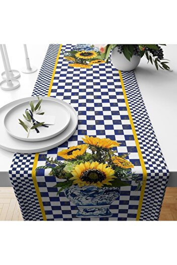 Evmila Runner din catifea cu model de floarea soarelui Blue Gingham