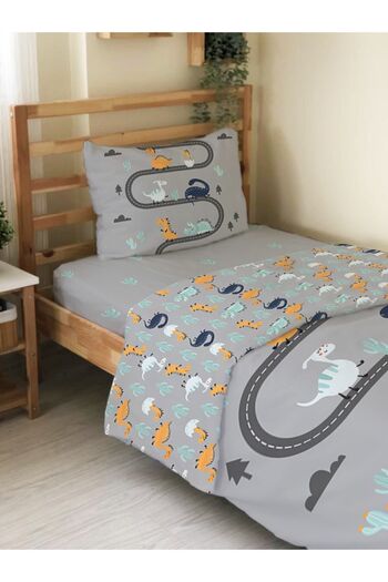 Evmila Double Sided Pathway and Dinosaur Pattern - Printed Single Duvet Cover Set Gray