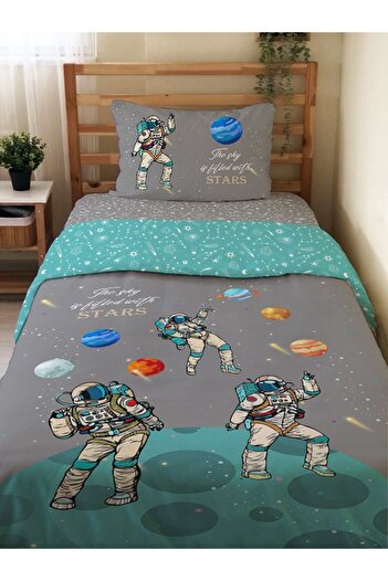 Evmila Double Sided Astronaut Patterned 2-Piece Set Without Sheets Printed Single Duvet Cover Set Gray