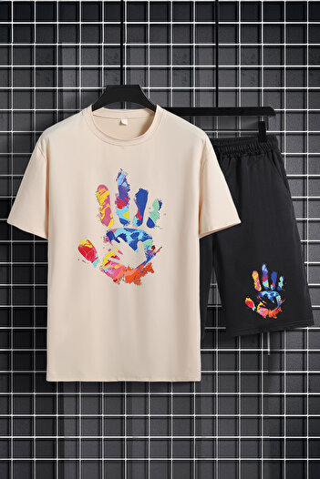 MYADA Colorful Children's Set - Crew Neck, Elastic Shorts, Printed Handprint Set of 2 20561