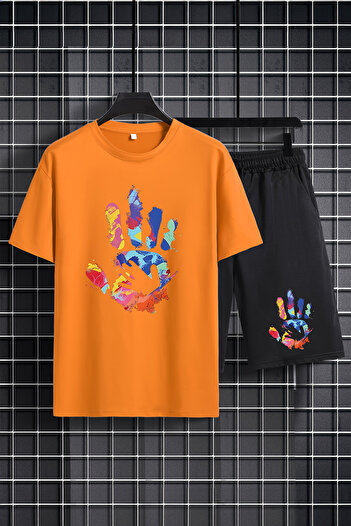 MYADA 2-Piece Colorful Shorts Set - Crew Neck, Elastic, Printed Handprints 20561