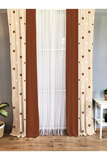 Evmila Printed Star Patterned Single Wing Velvet Texture Background Curtain - Brown