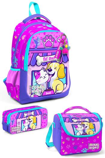 Coral High 3-Piece School Bag - Cat and Dog Pattern, SET 0123646