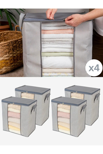 AYHANHOME Beige Colored 4 Pieces Striped Clothes - Pique Blanket Organizer, 45x30x50 Cm
