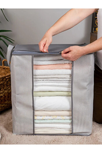 AYHANHOME Beige Colored 2 Pieces Striped Clothes - Pique Blanket Organizer, Storage 45x30x50 Cm
