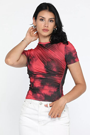 GÜLSELİ Women's Patterned Lycra Red Draped Blouse