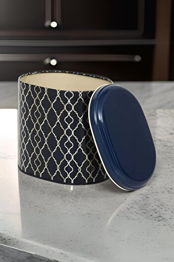 EVLE Ef004-e0 Trellis Old Blue Patterned Oval Metal Storage Container 11x15 Cm