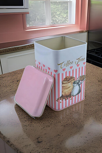 EVLE Ef022-e7 Sprinkles Coffee Time Patterned Square Metal Storage Container 11x11 Cm